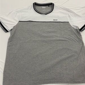 DKNY Men’s XL White & Gray Colorblock Short Sleeve Polo Tee - Stretch Fabric